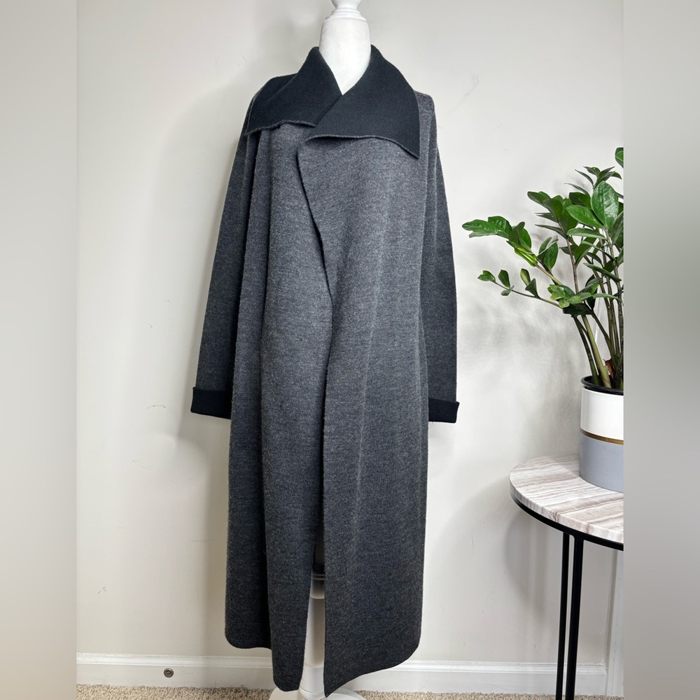 BN9 Tahari Minimalist Merino Wool Blend Colorblock Duster Cardigan Grey Black XS